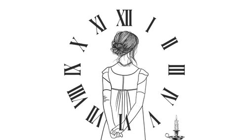 A sketch shows a regency lady with her back to the viewer encircled by a Roman numeral clockface and with a candlestick placed to her right at the bottom of the frame.